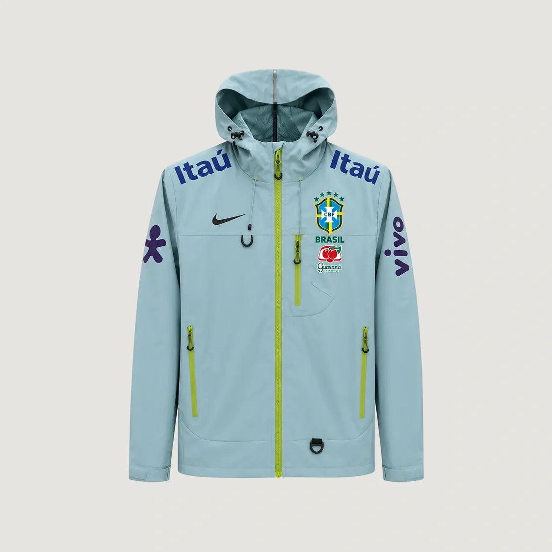 Brésil – Veste Coupe-Vent à Capuche – Gris Bleu & Vert Citron