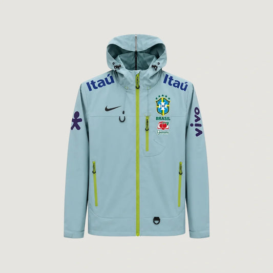 Brésil – Veste Coupe-Vent à Capuche – Gris Bleu & Vert Citron